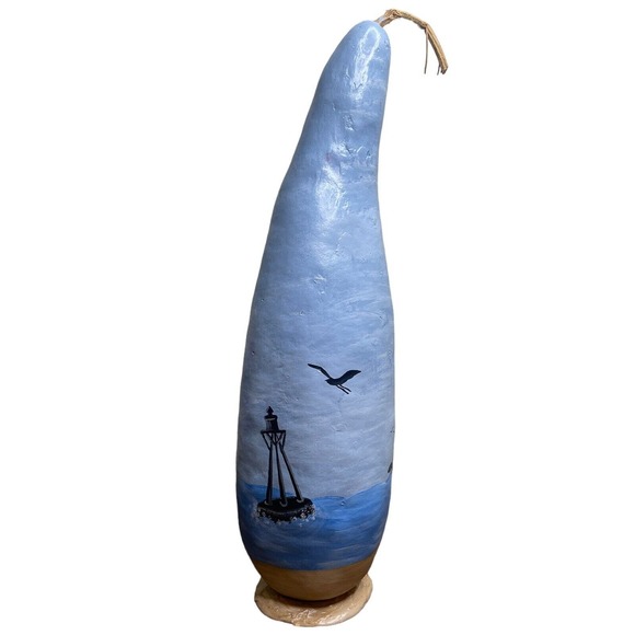 Hand Painted Beach Lighthouse Nautical Ocean Large 20" Numbered Gourd - Picture 4 of 9